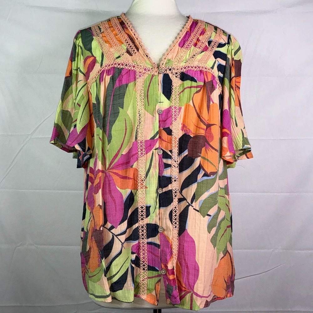 Sharagano plus size 2X Topβ Floral Multi Colorful Leaf Print Blouse embroidered